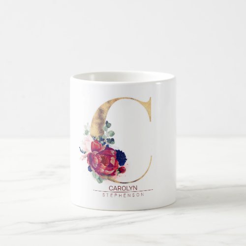 C Monogram Floral Burgundy Red and Navy Blue Coffee Mug