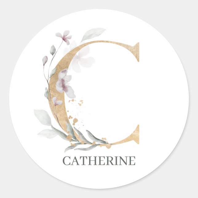 C Monogram Floral Personalized Classic Round Sticker (Front)