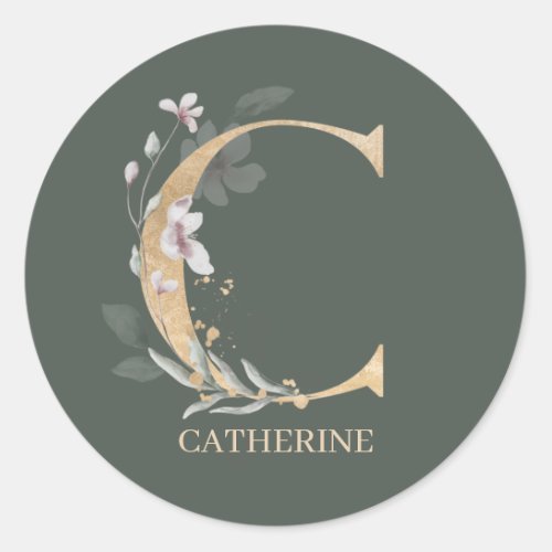 C Monogram Floral Personalized Classic Round Sticker