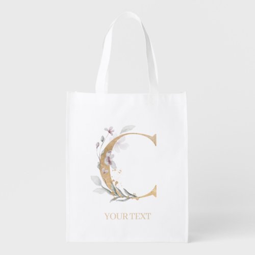 C Monogram Floral Personalized Grocery Bag