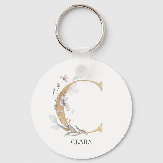 C Monogram Floral Personalized Keychain (Front)