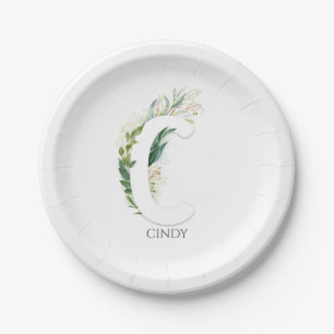 C Monogram Gold Greenery Leaves Elegant Name Paper Plates