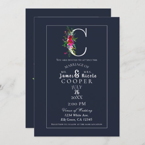 C Monogram Last Initial Modern Blue Floral Wedding Invitation