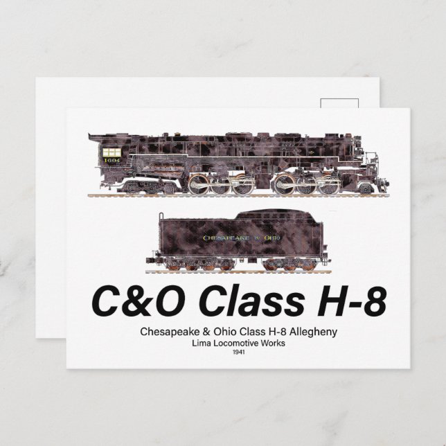 C&O Class H-8 Allegheny Steam Locomotive Profile Postcard (Front/Back)