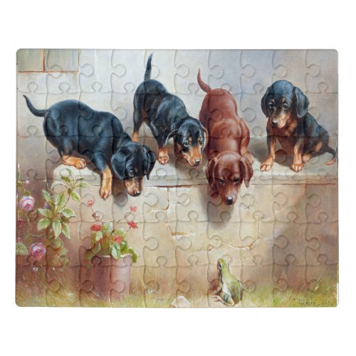 C Reichert Painting Dachshund Puppies and Frog Jigsaw Puzzle