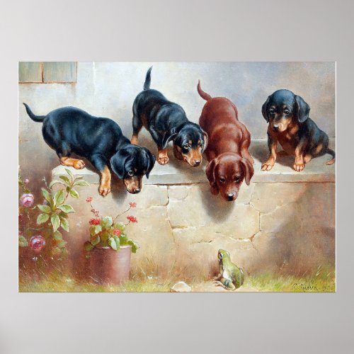 C Reichert Painting Dachshund Puppies and Frog Poster