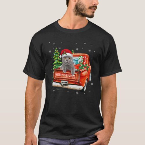 Ca Gray Cat Ride Red Truck Christmas Cat  Pajama T_Shirt