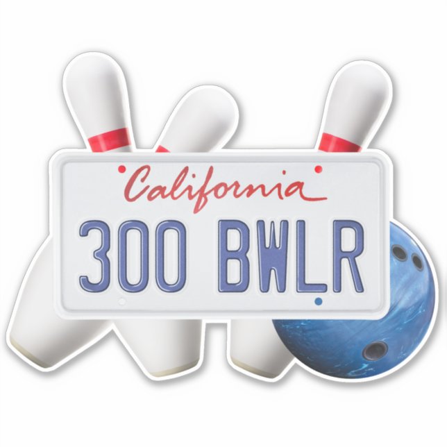 CA license 300 Bowler, Bowling Ball & Pins, Vinyl Sticker (Front)