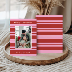 Cabana Pink and red Stripe Preppy Christmas card