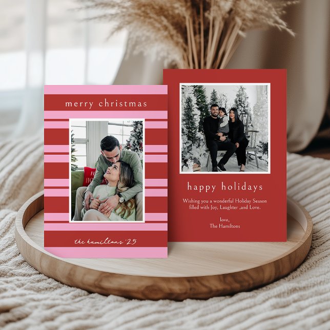 Cabana Pink red Stripe Preppy photo Christmas card (Creator Uploaded)