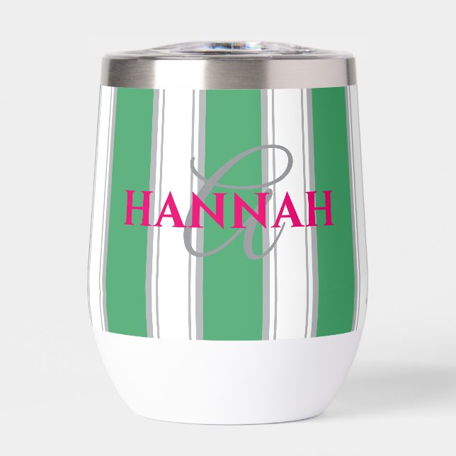 Cabana Stripe Monogram in Green Thermal Wine Tumbler (Front)