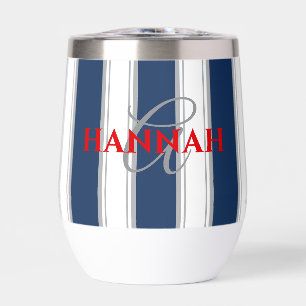 Cabana Stripe Monogram in Navy Blue Thermal Wine Tumbler