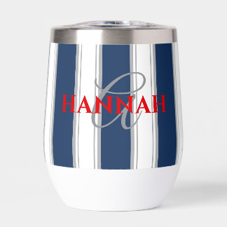 Cabana Stripe Monogram in Navy Blue Thermal Wine Tumbler