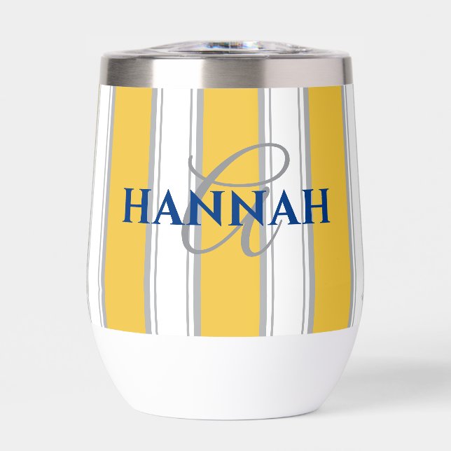 Cabana Stripe Monogram in Yellow Thermal Wine Tumbler (Front)