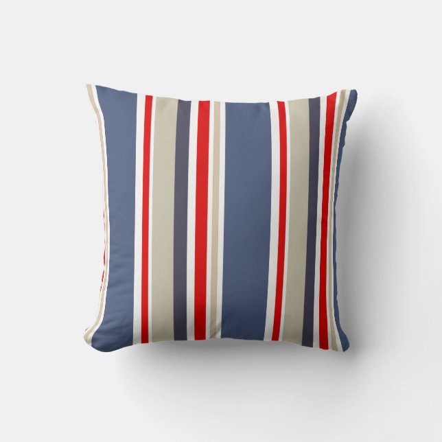 Cabana Striped Red White Blue Grey Beige Throw Pillow (Front)