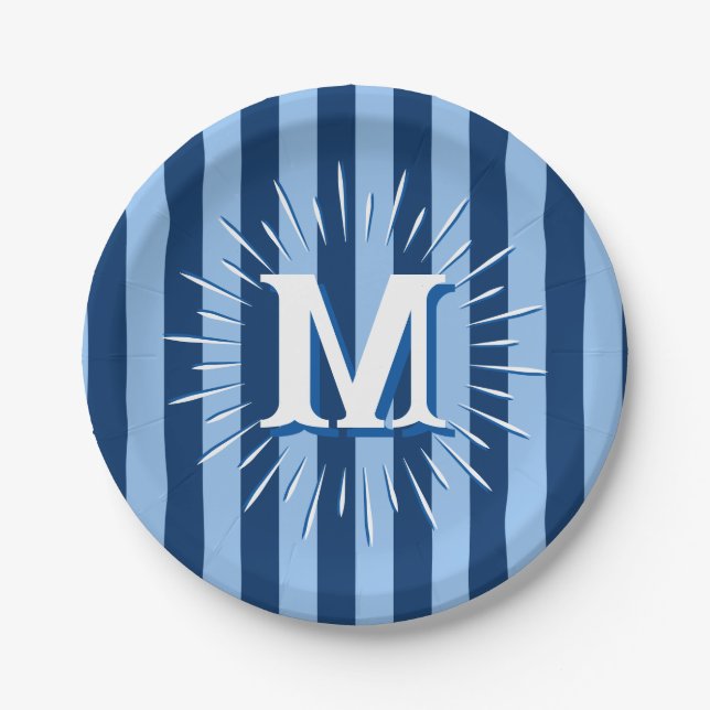 Cabana Stripes in Blue Personalized Paper Plates (Front)