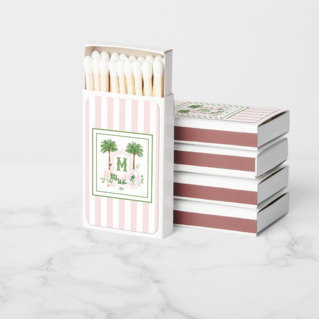Cabana Stripes Palm Beach Monogram Crest Enclosure Matchboxes (Stacked)