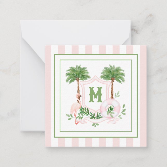 Cabana Stripes Palm Beach Monogram Crest Enclosure Note Card (Front)