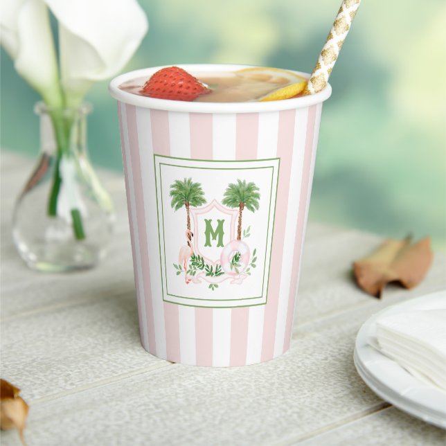 Cabana Stripes Palm Beach Monogram Crest Enclosure Paper Cups (Insitu)