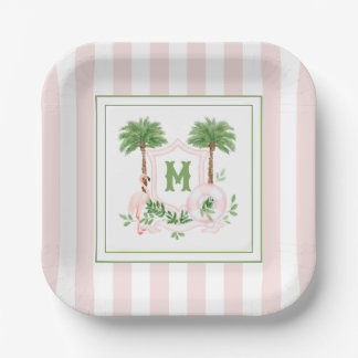 Cabana Stripes Palm Beach Monogram Crest Enclosure Paper Plates