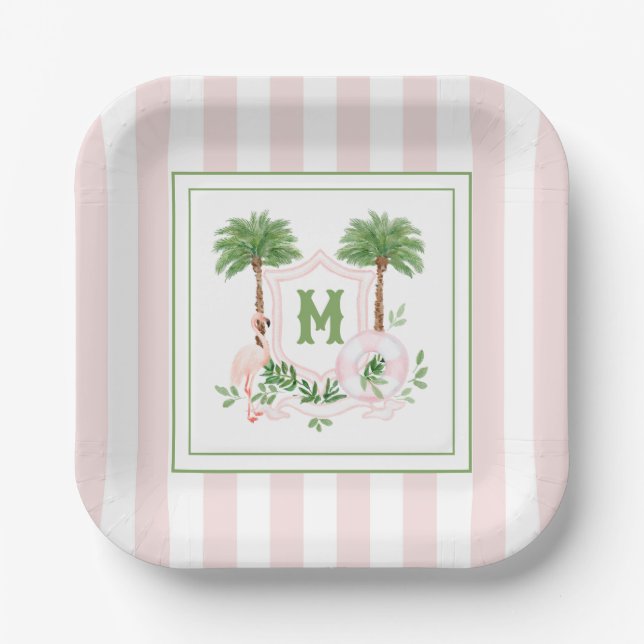 Cabana Stripes Palm Beach Monogram Crest Enclosure Paper Plates (Front)