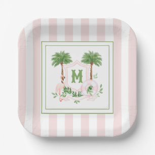Cabana Stripes Palm Beach Monogram Crest Enclosure Paper Plates