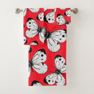 Cabbage butterfly pattern on red bath towel set