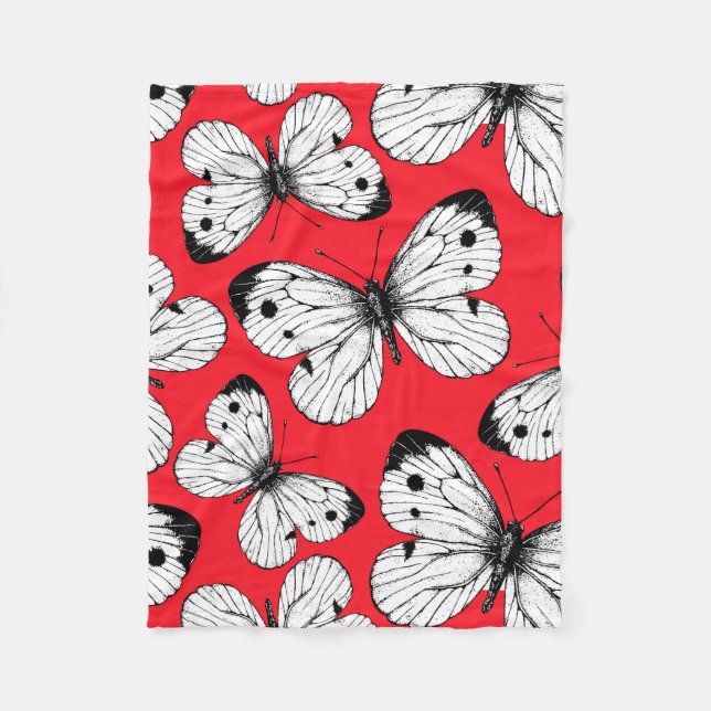 Cabbage butterfly pattern on red fleece blanket (Front)