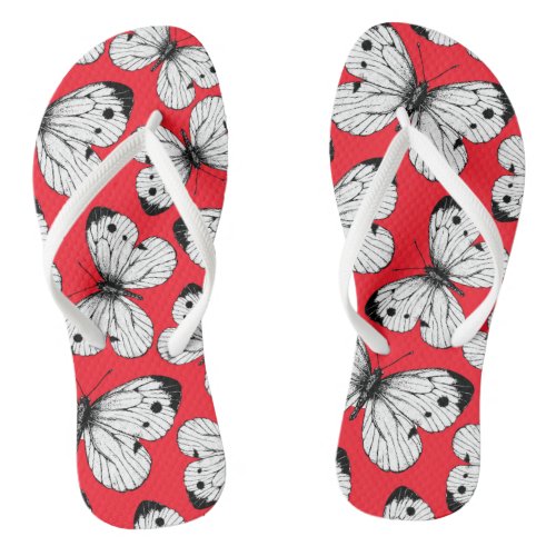 Cabbage butterfly pattern on red flip flops