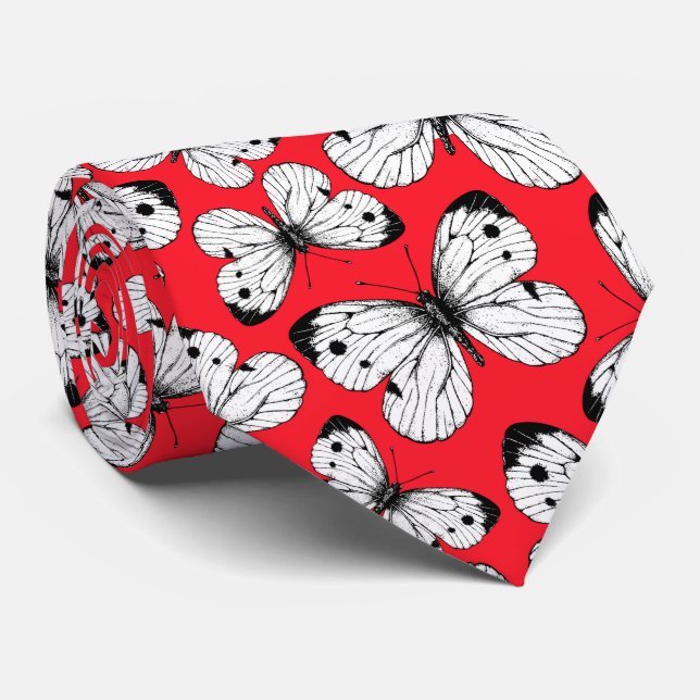 Cabbage butterfly pattern on red neck tie (Rolled)