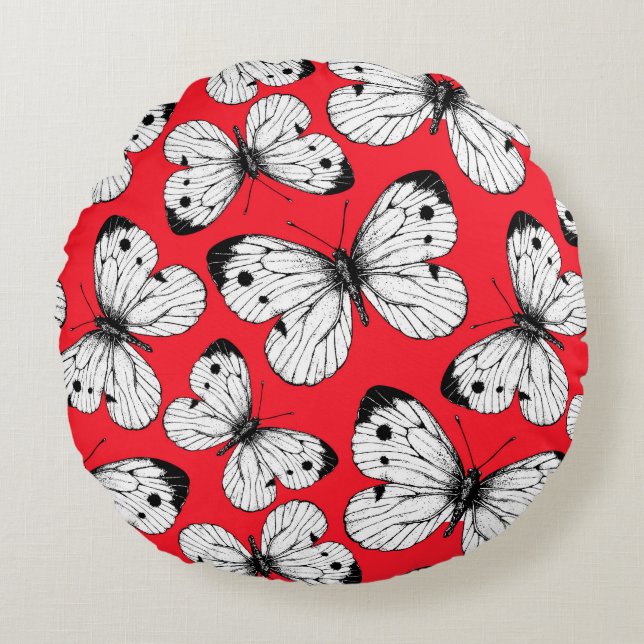 Cabbage butterfly pattern on red round pillow (Front)