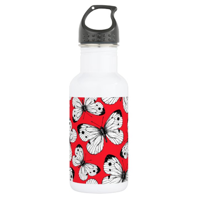 Cabbage butterfly pattern on red stainless steel water bottle (Front)