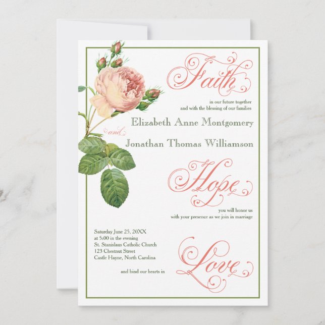 Cabbage Rose Script Christian Wedding Invitation (Front)