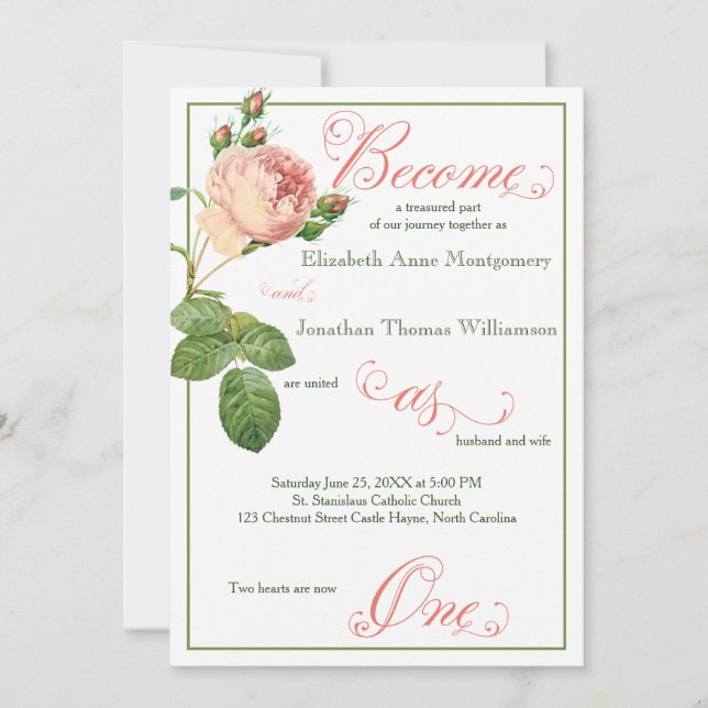Cabbage Rose Script Christian Wedding Invitation (Front)