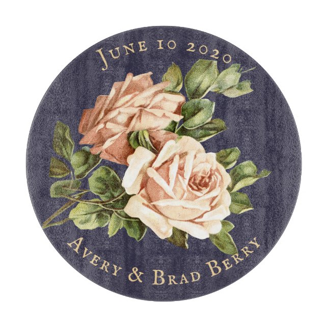 Cabbage Rose Shabby Chic Navy Blue Cutting Board (Front)
