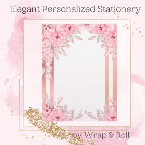 Cabbage Roses Metallic Pink Border Personalized Letterhead