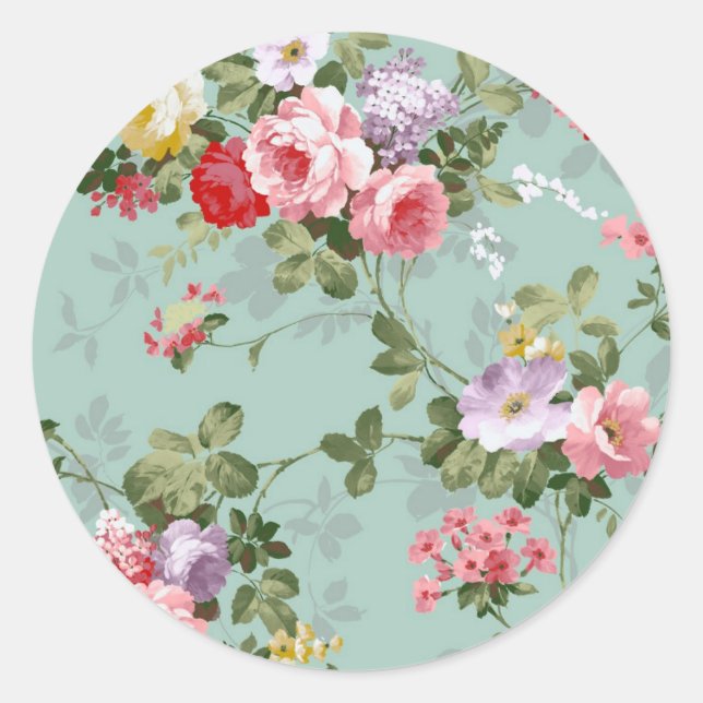 Cabbage Roses on Pale Blue Classic Round Sticker (Front)