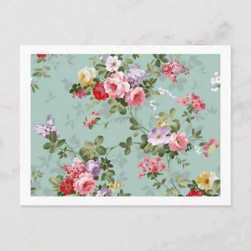 Cabbage Roses on Pale Blue Postcard