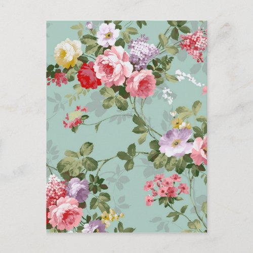 Cabbage Roses on Pale Blue Postcard