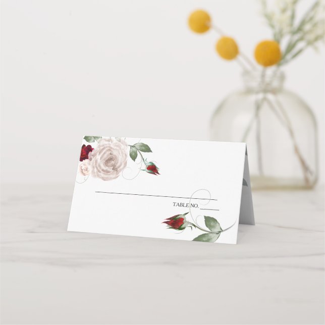 Cabernet and  Dusty Blush Watercolor Roses Place Card (Front)