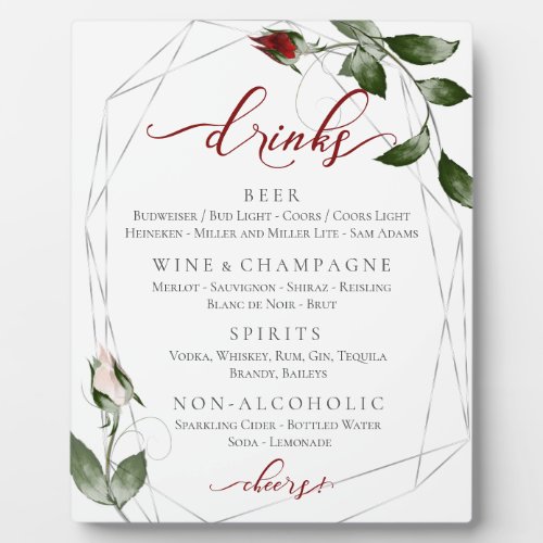 Cabernet  Blush Roses Wedding Reception  Bar Menu Plaque