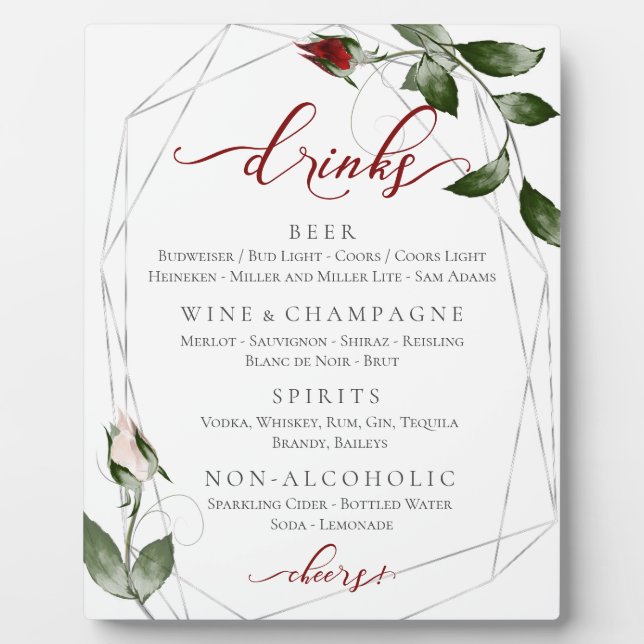 Cabernet  Blush Roses Wedding Reception  Bar Menu Plaque (Front)