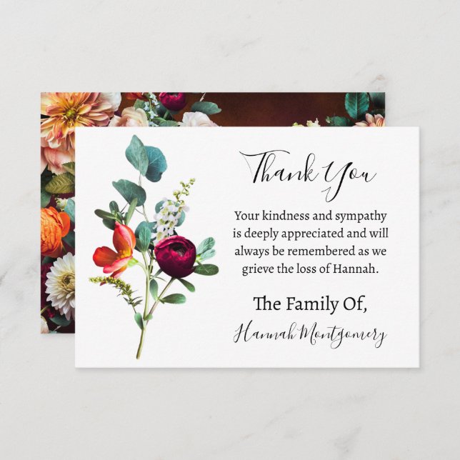 Cabernet Florals Funeral Sympathy Thank You Note Card (Front/Back)