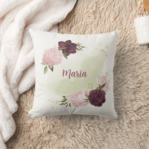 cabernet pink floral greenery  throw pillow