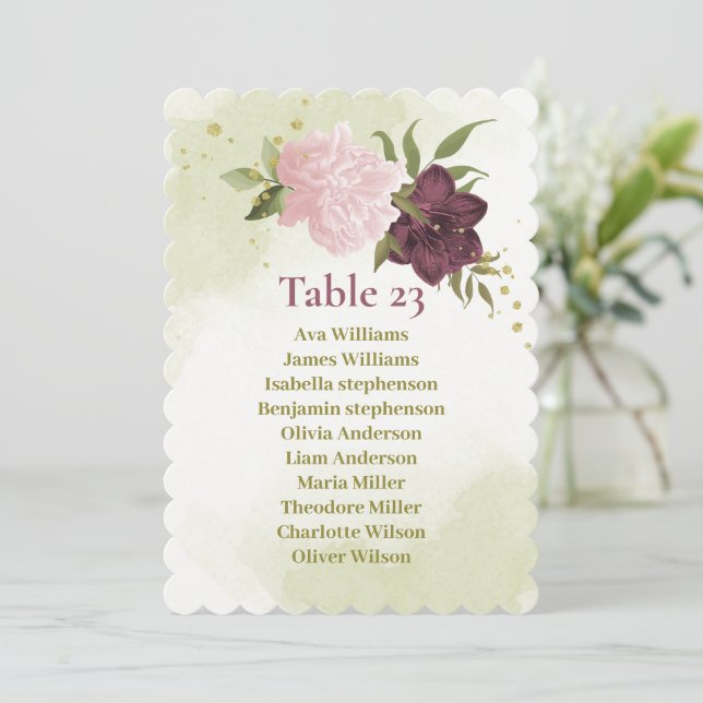 cabernet pink floral seating chart card (Standing Front)