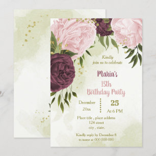cabernet pink flowers green leaves birthday invitation