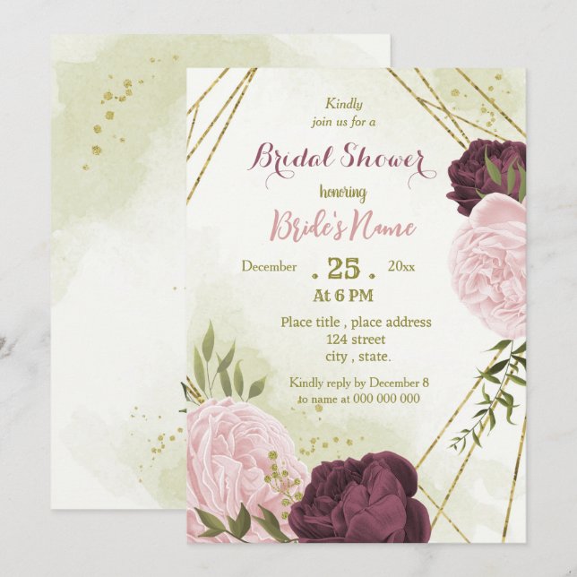 cabernet pink flowers green leaves bridal shower invitation (Front/Back)