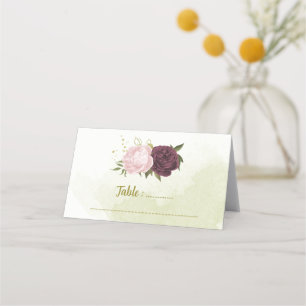 cabernet pink flowers green leaves place card