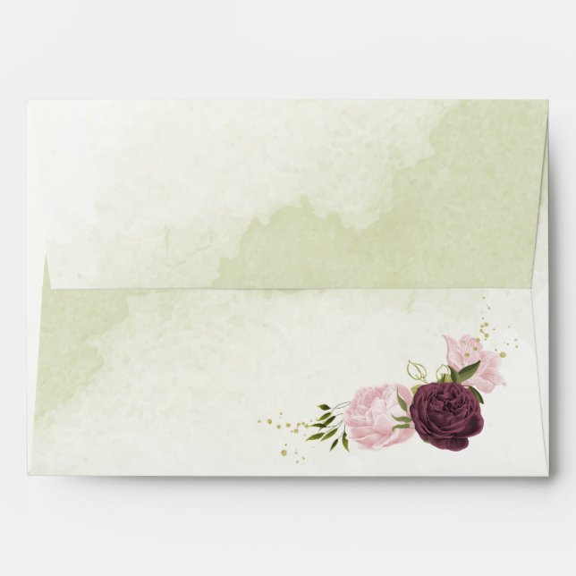 cabernet pink flowers green leaves wedding envelope (Back (Top Flap))