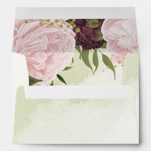 cabernet pink flowers green leaves wedding envelope